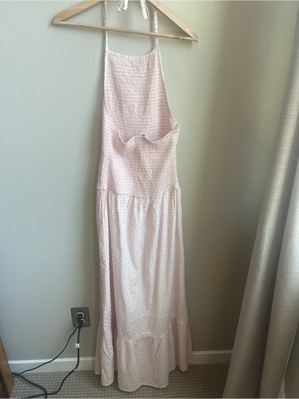 Swiss Dot Gingham Halter Maxi Dress Smocked Top Ruffle Tiered Skirt Cottagecore - Picture 10 of 10